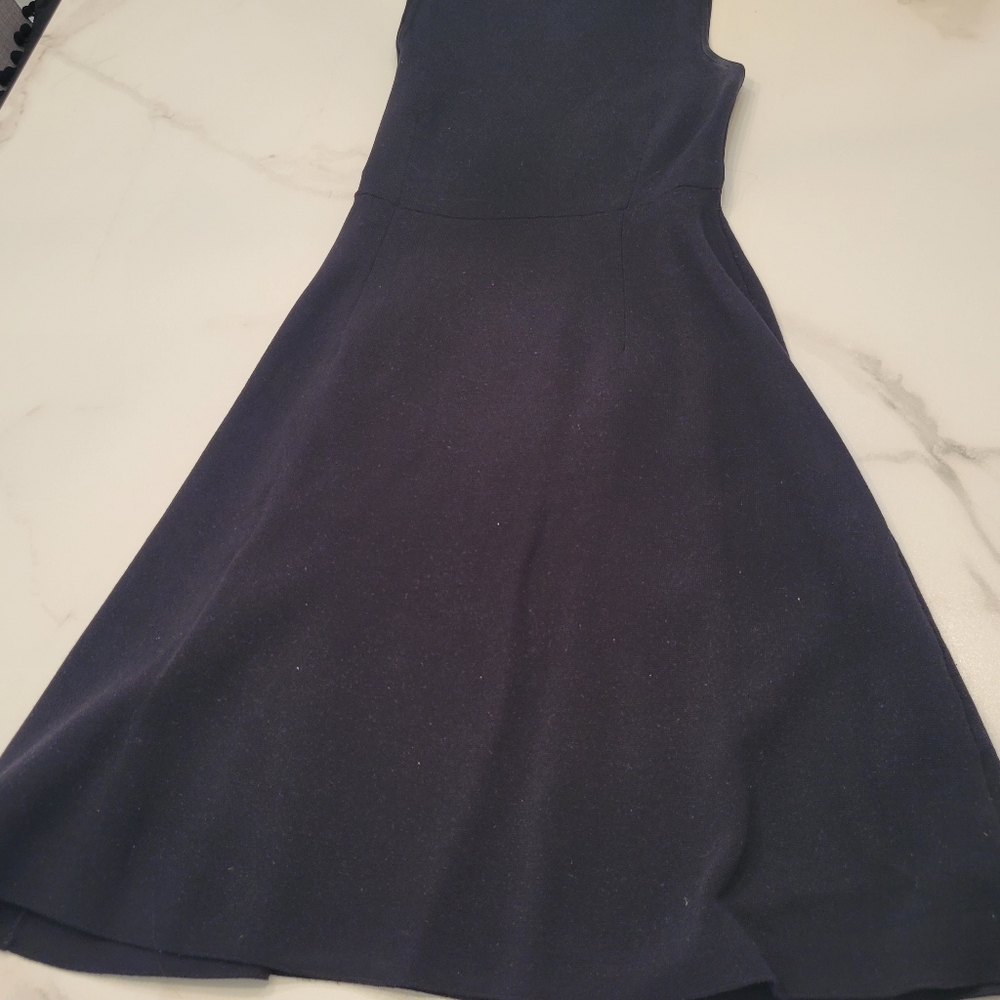 Black sleeveless, knit dress with flare skirt